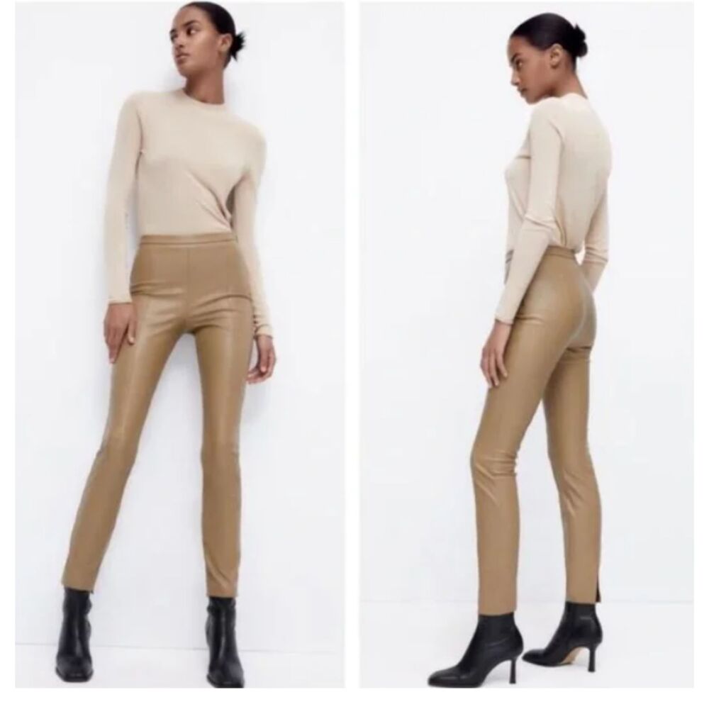 NWT Zara Camel Faux Leather High Rise Skinny Size Zipper Leggings Sz M